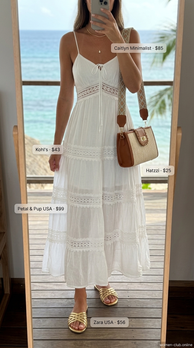 All White Beach Summer Outfits for Women 2026: Bohemian Maxi Dress Crisp white maxi dress with jute bag for all white beach summer outfits for women 2026.