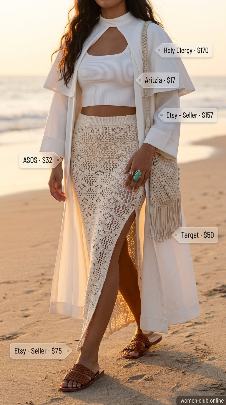 Boho All White Beach Summer Outfits 2026 Boho all white beach summer outfits for women 2026: cream crochet skirt, ribbed crop top, and macrame bag for beach bonfire.