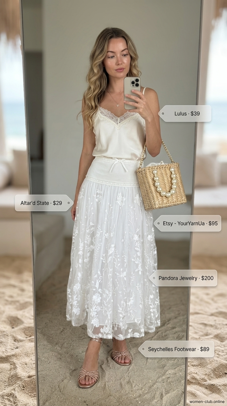 All White Beach Summer Outfits 2026: Sunset Skirt Style Elegant all white beach summer outfits for women 2026: broderie anglaise skirt, satin cami, rose gold sandals.