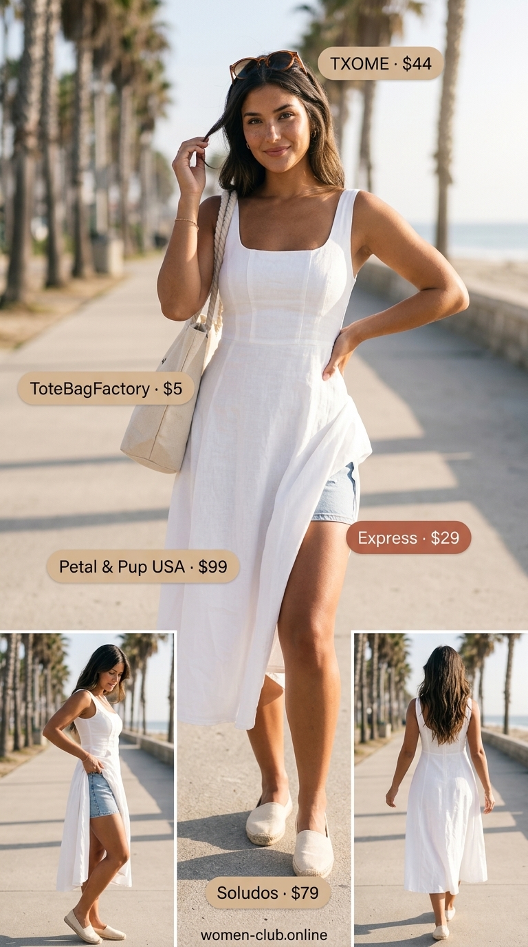 Casual All White Beach Summer Outfits 2026 Casual all white beach summer outfits for women 2026: white denim shorts, oversized denim shirt, and canvas espadrilles for sightseeing.