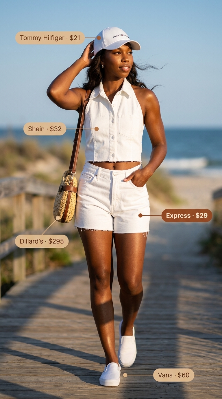 All White Beach Summer Outfits 2026: Casual Boardwalk Style Comfortable all white beach summer outfits for women 2026: denim shorts, oversized shirt, white tank, sneakers.