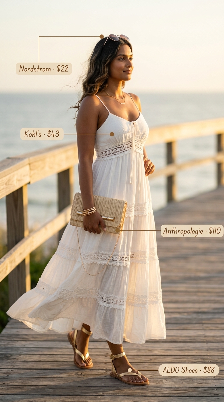 Ethereal All White Beach Summer Outfits 2026 Ethereal all white beach summer outfits for women 2026: flowing ivory maxi dress, gold sandals, and straw clutch for resort dinner.