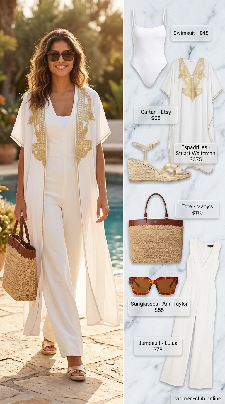 Glamorous All White Beach Summer Outfits 2026 Glamorous all white beach summer outfits for women 2026: optic white kaftan cover-up over swimsuit, gold espadrilles, and straw tote.