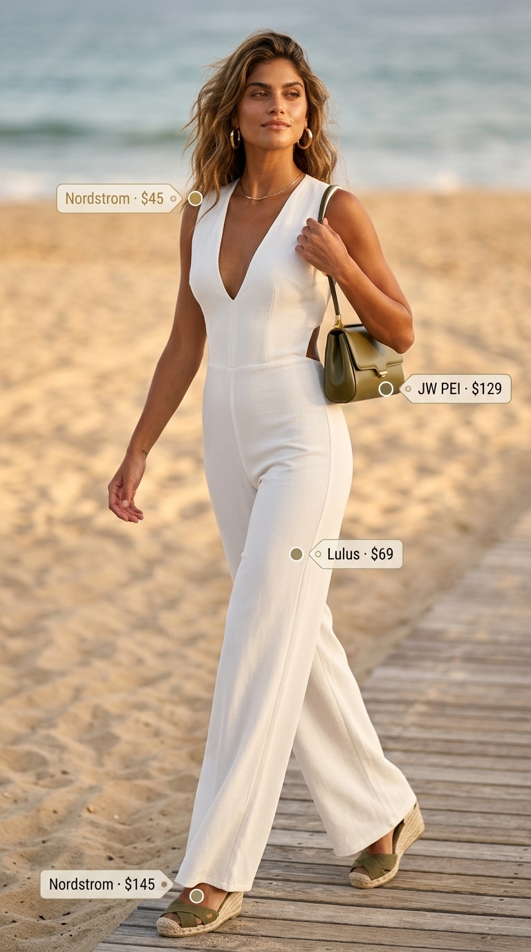 All White Beach Summer Outfits 2026: Resort Evening Jumpsuit Sophisticated all white beach summer outfit for women 2026: linen jumpsuit, espadrilles, shoulder bag, gold hoops.