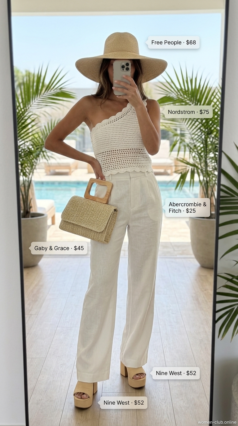 All White Beach Summer Outfits for Women 2026: Linen Trousers Ivory linen trousers with beige slides for all white beach summer outfits for women 2026.