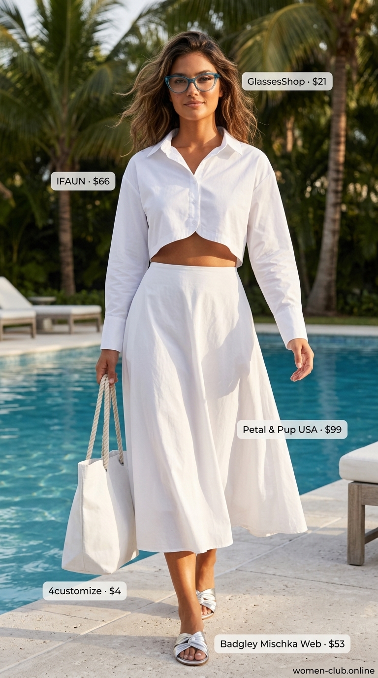 All White Beach Summer Outfits 2026: Poolside Co-ord Set Trendy all white beach summer outfits for women 2026: linen matching set, cat-eye sunglasses, canvas tote.