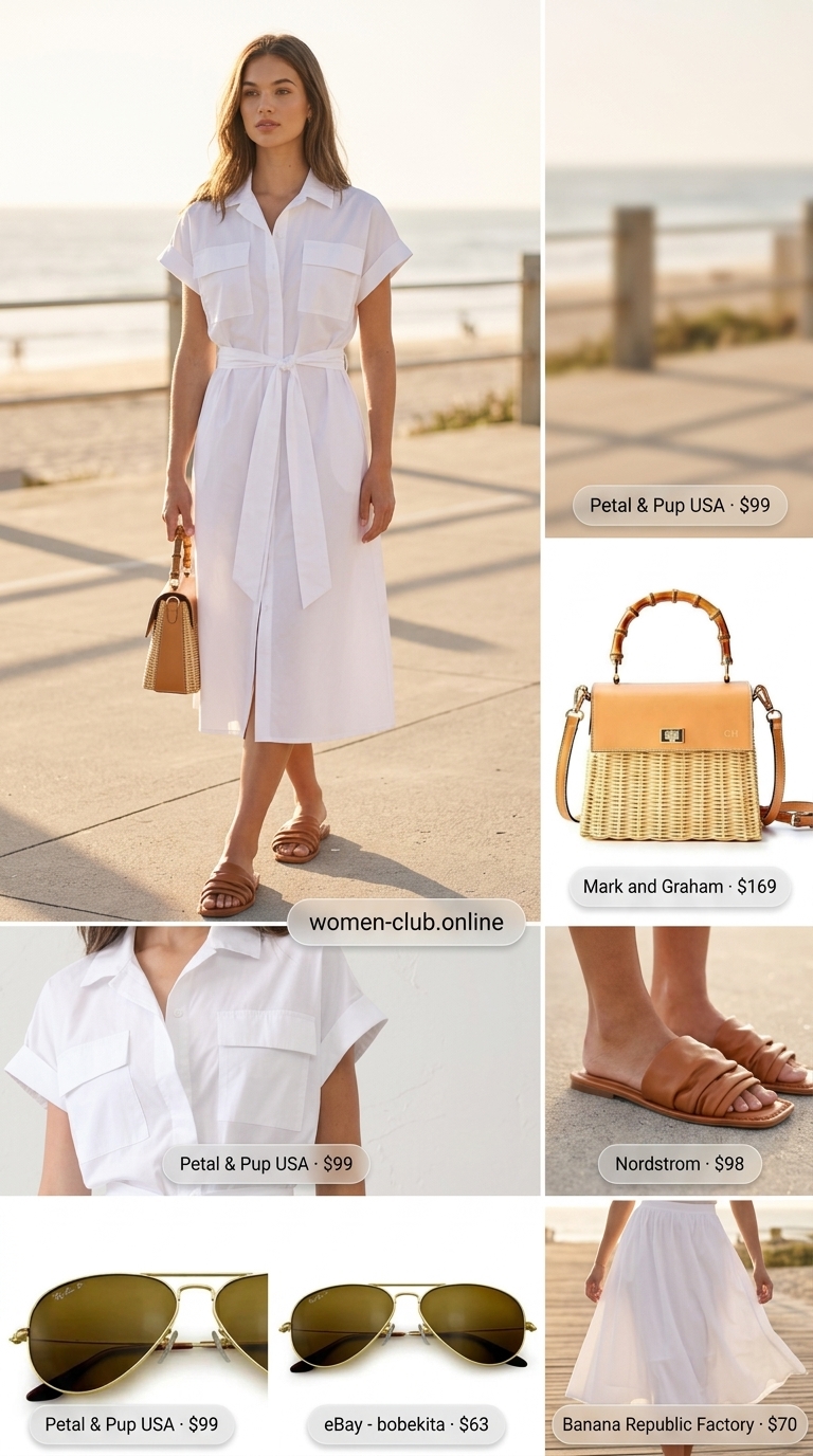 All White Beach Summer Outfits 2026: Classic Resort Dress Classic all white beach summer outfit for women 2026: midi shirt dress, rattan bag, tan sandals, aviators.