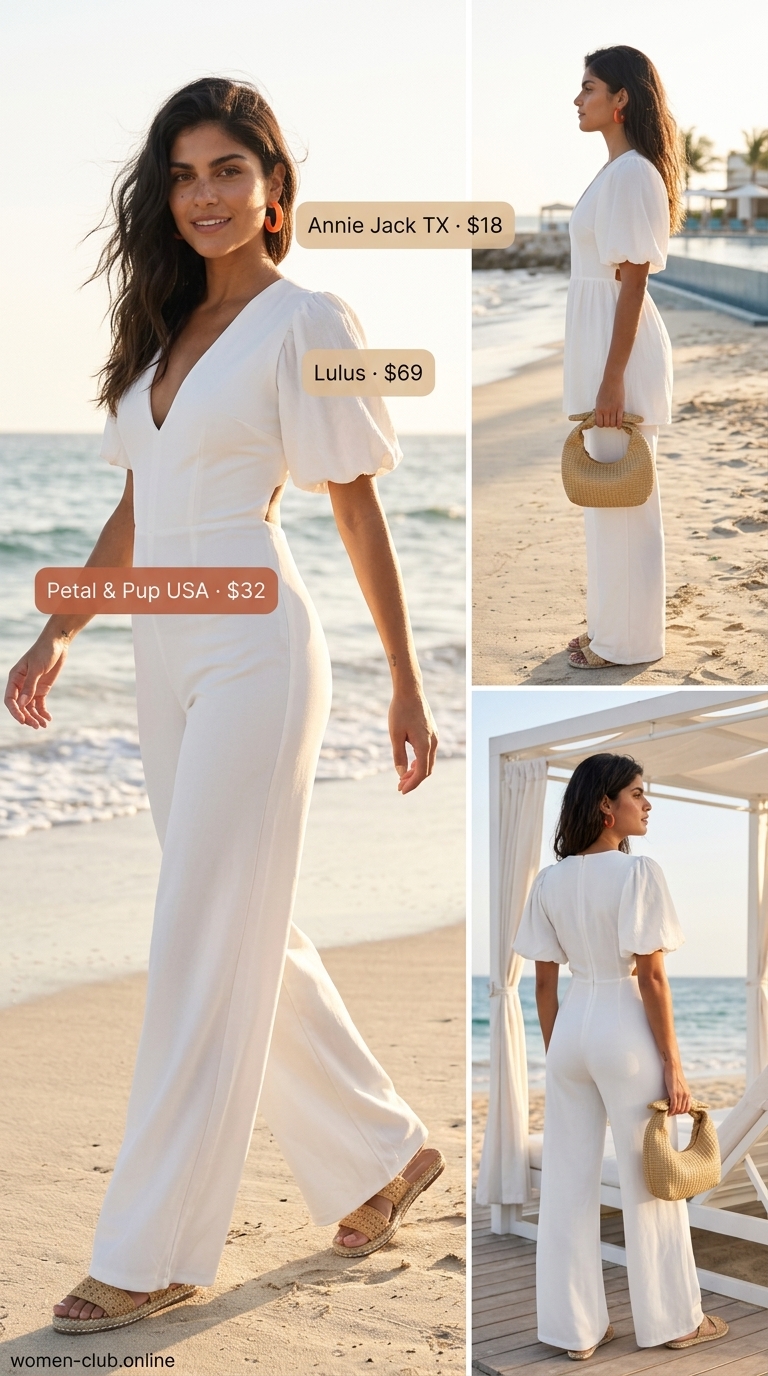 All White Beach Summer Outfits for Women 2026: Playful Romper White romper with coral accessories for all white beach summer outfits for women 2026.