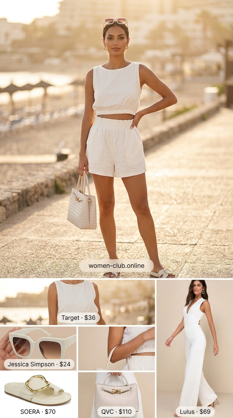 Quiet Luxury All White Beach Summer Outfits 2026 Quiet luxury all white beach summer outfits for women 2026: linen blend co-ord set, leather slides, and oversized sunglasses.
