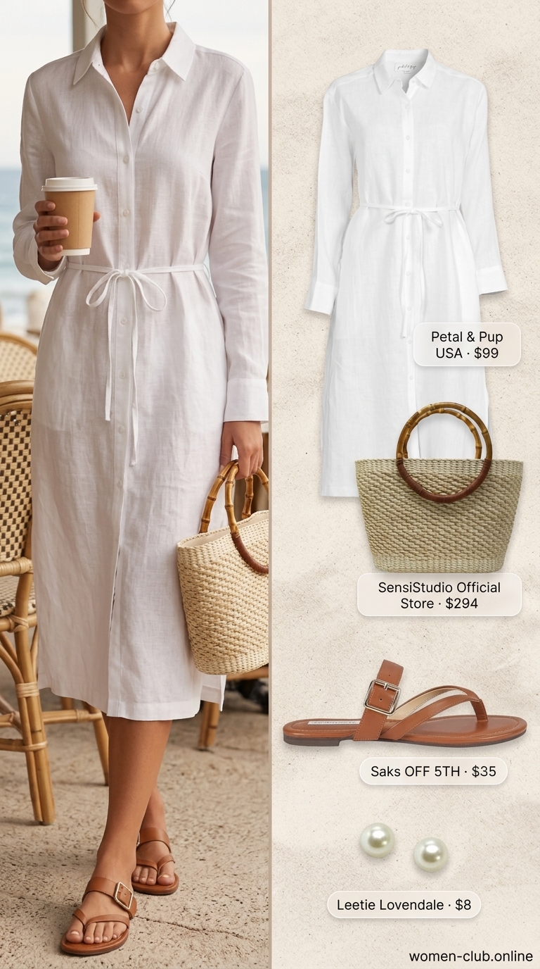 Refined All White Beach Summer Outfits 2026 Refined all white beach summer outfits for women 2026: crisp white linen shirt dress, tan slides, and pearl earrings for beachfront lunch.