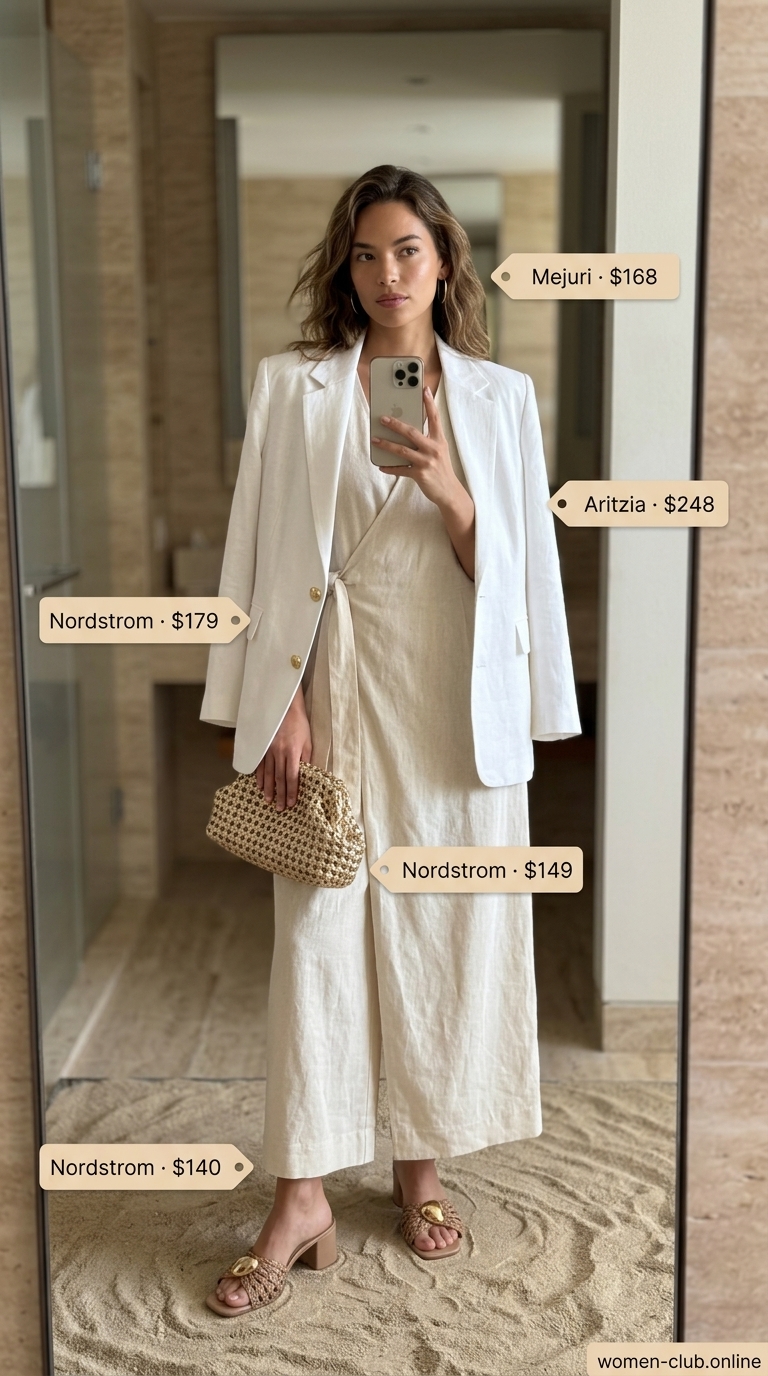 All White Beach Summer Outfits for Women 2026: Resort Evening Jumpsuit Cream wide-leg jumpsuit with gold accessories for all white beach summer outfits for women 2026.