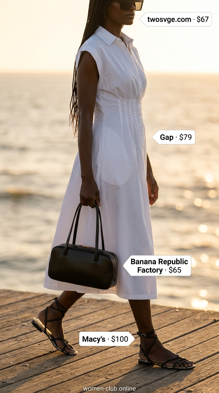 All White Beach Summer Outfits for Women 2026: Riviera Shirt Dress White shirt dress with black accessories for all white beach summer outfits for women 2026.