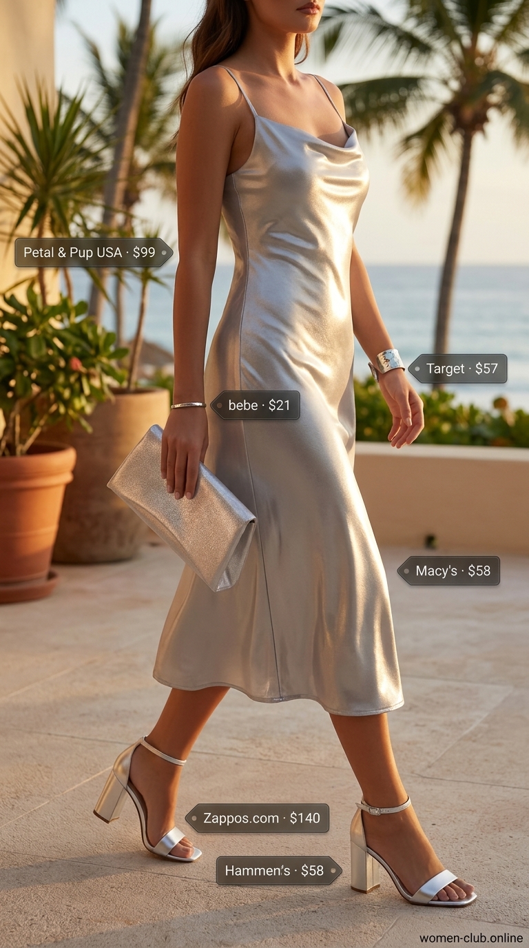 All White Beach Summer Outfits for Women 2026: Sultry Slip Dress Pearl white slip dress with silver accessories for all white beach summer outfits for women 2026.