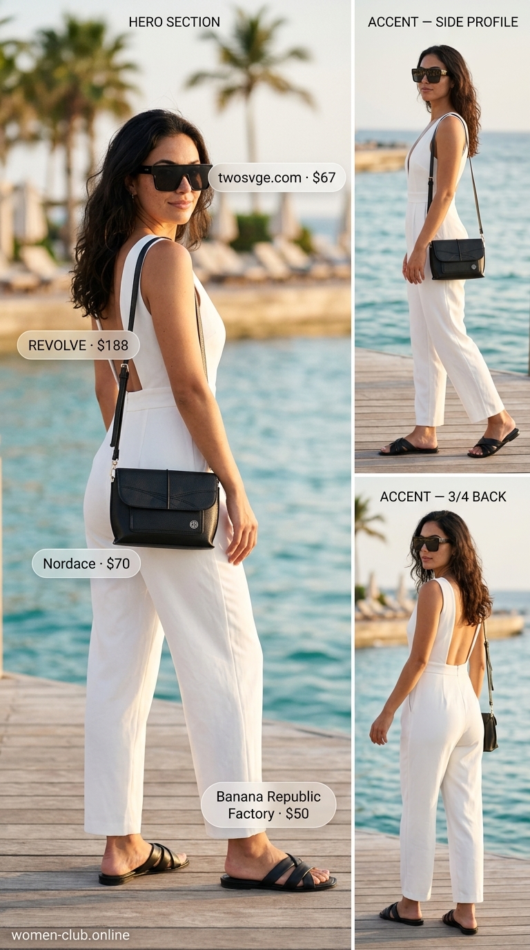 All White Beach Summer Outfits 2026: Modern Utility Jumpsuit Modern all white beach summer outfit for women 2026: utility jumpsuit, black slides, crossbody bag, silver hoops.