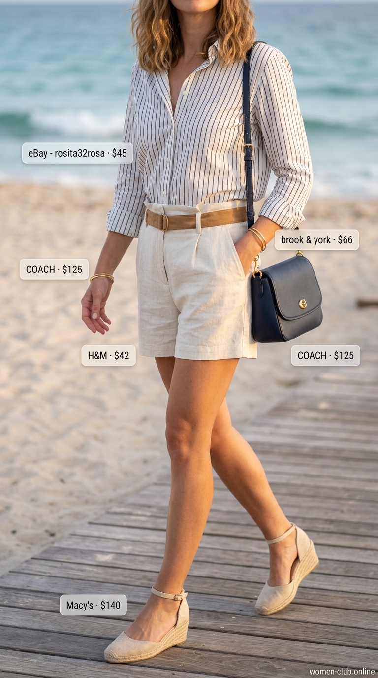 Effortless All White Beach Summer Outfits 2026 Effortless all white beach summer outfits for women 2026: linen shorts, striped button-down, and espadrille flats for yacht club lunch.