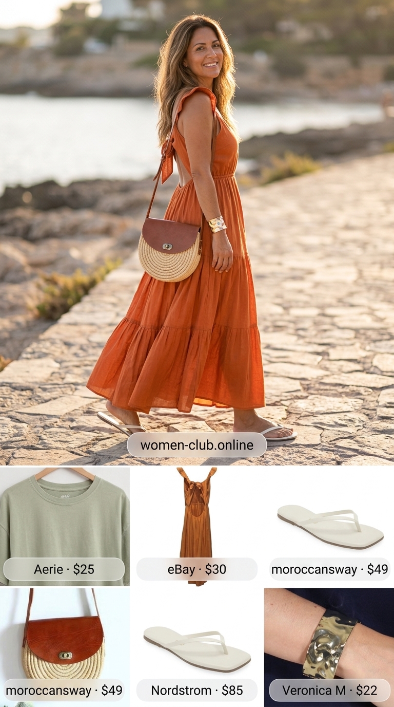 Oversized Summer Outfit 2026: Maxi Dress Alternative Trendy oversized summer outfit 2026: Terracotta maxi dress, cream sandals, woven raffia bag, gold cuff. Not an oversized shirt.