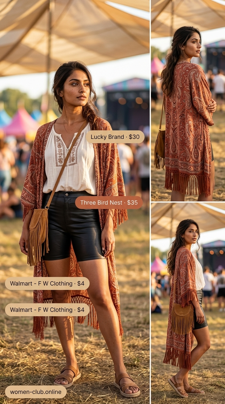 Boho festival casual biker shorts outfits summer for women 2026: Black faux leather shorts, printed kimono, peasant blouse.