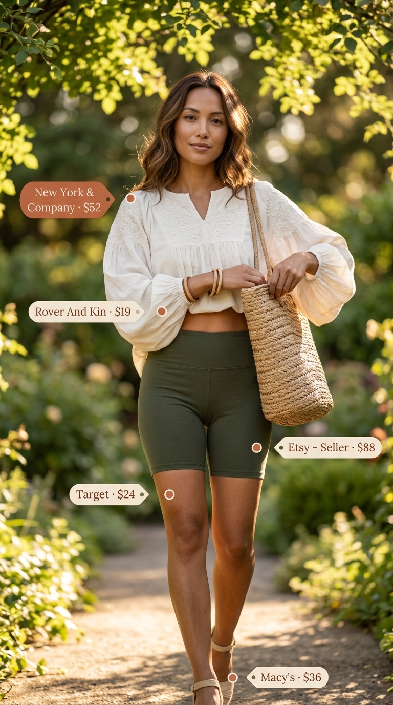 Casual biker shorts outfits summer for women 2026: Olive green biker shorts, white peasant blouse, straw tote, and espadrille wedges.