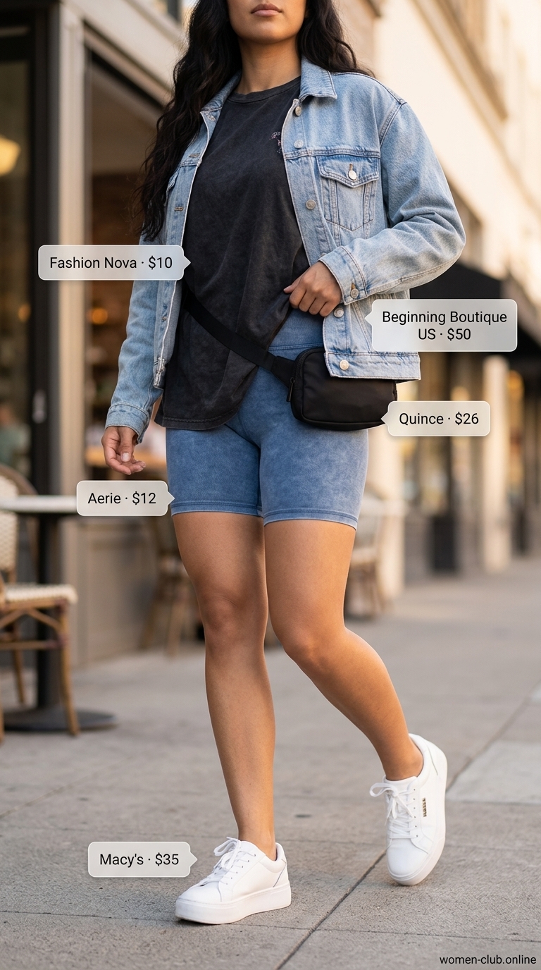 Casual biker shorts outfits summer for women 2026: Black shorts, graphic tee, denim jacket, and sneakers for city cool.