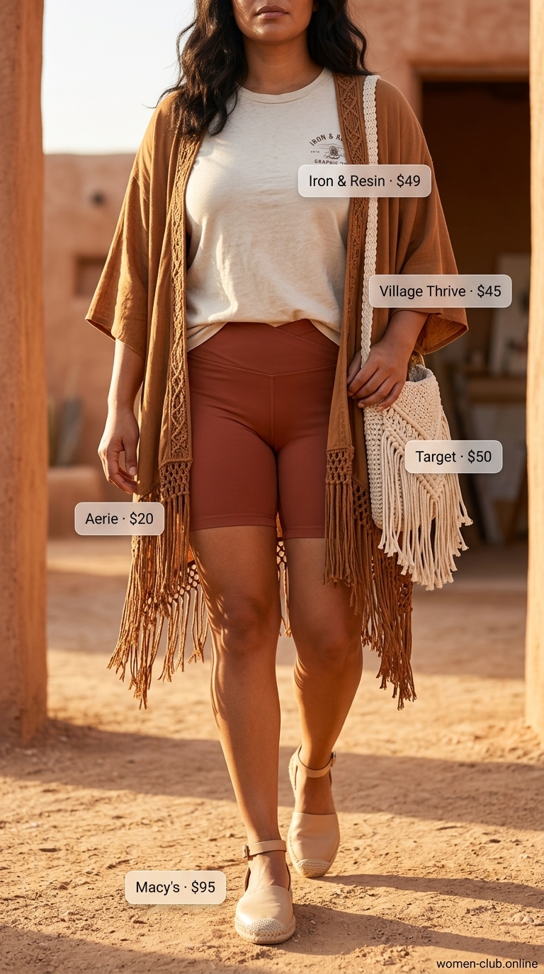 Artsy casual biker shorts outfits summer for women 2026: Terracotta shorts, graphic tee, printed kimono, macrame tote.