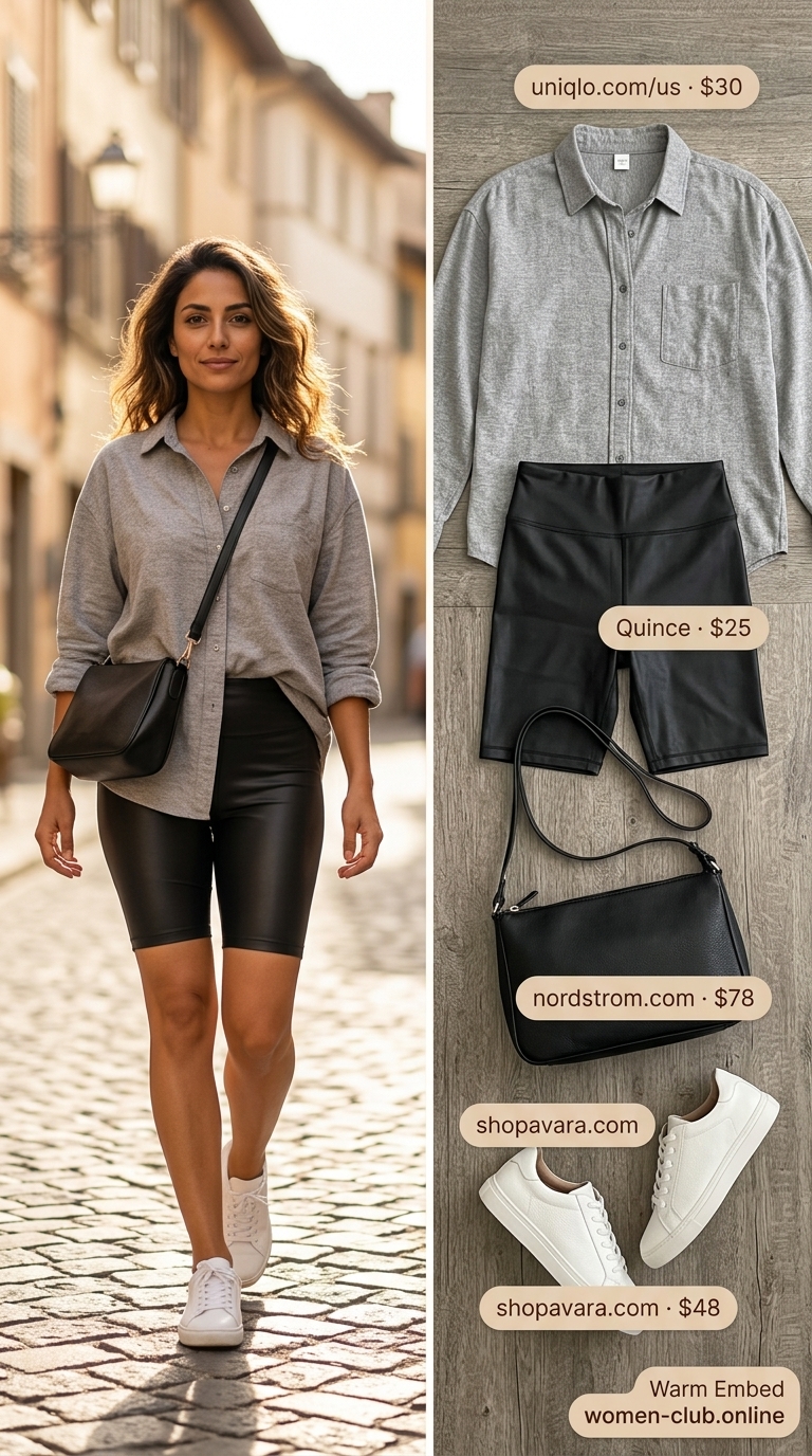 Grey biker shorts outfits summer for women 2026: Heather grey shorts, white bralette, oversized shirt, white sneakers.