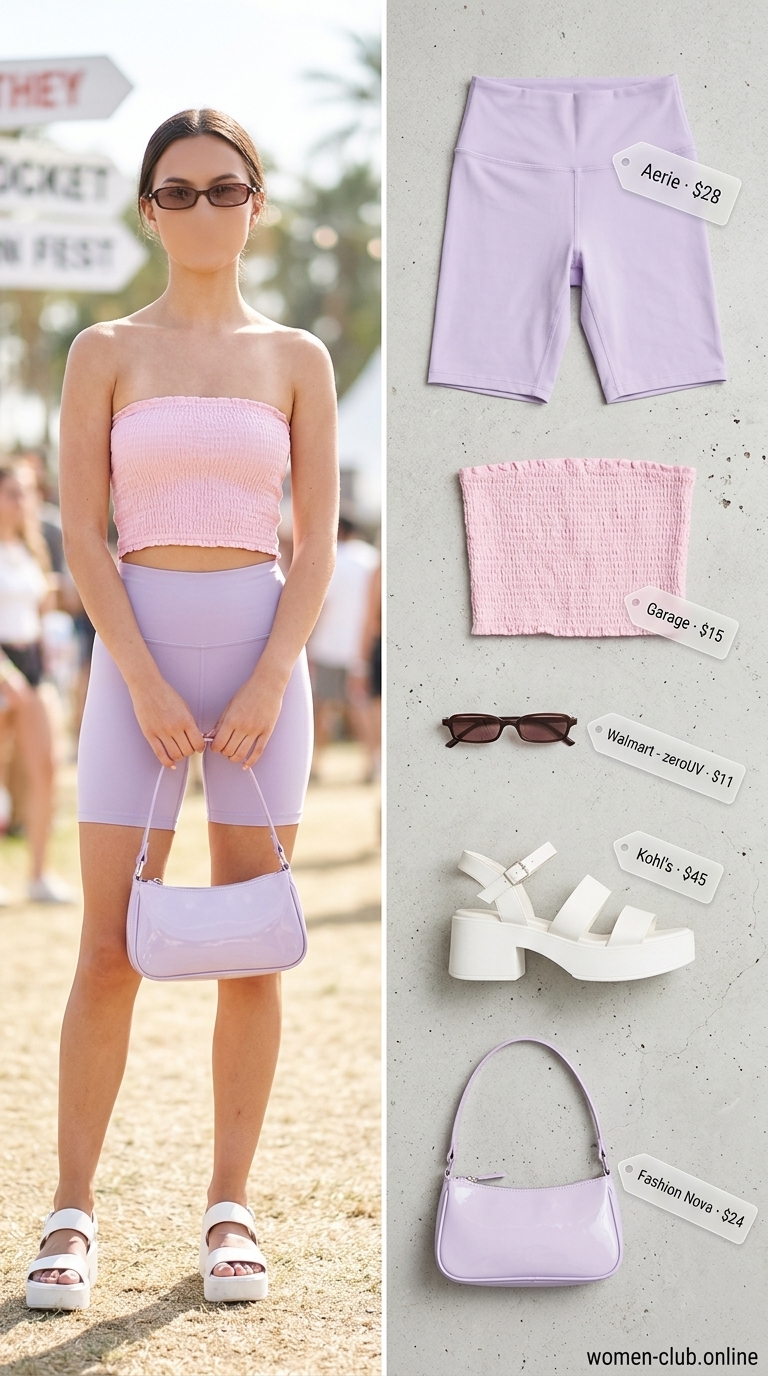 Lavender biker shorts outfits summer for women 2026: Smocked tube top, lavender shorts, platform slides for a retro look.