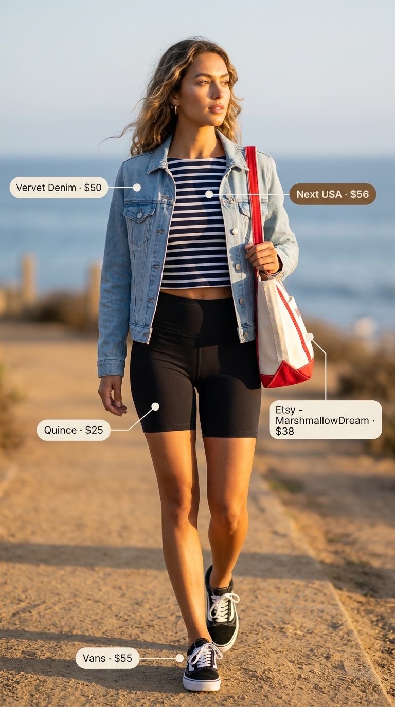 Casual biker shorts outfits summer for women 2026: Navy biker shorts, striped long-sleeve top, white denim jacket, and canvas tote.