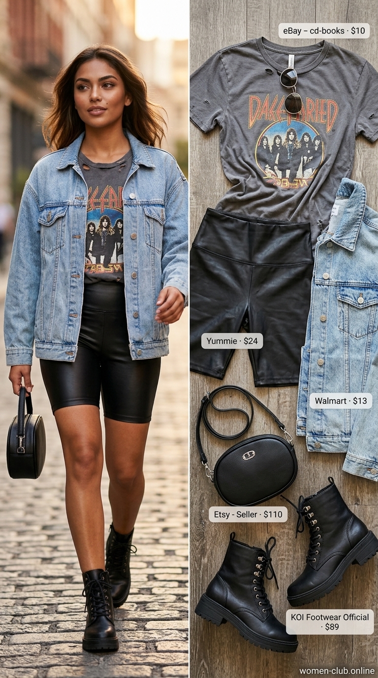 Edgy casual biker shorts outfits summer for women 2026: Faux leather shorts, band tee, denim jacket, combat boots.