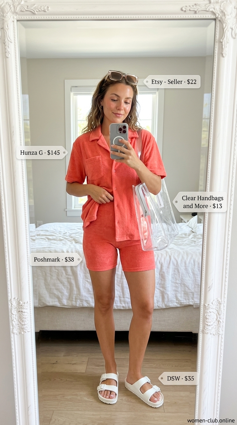 Coral biker shorts outfits summer for women 2026: Terry cloth shorts, matching shirt, white slides, and PVC tote.