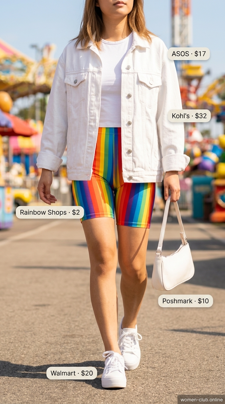 Casual biker shorts outfits summer for women 2026: Pastel yellow biker shorts, baby tee, oversized denim jacket, and chunky sneakers.
