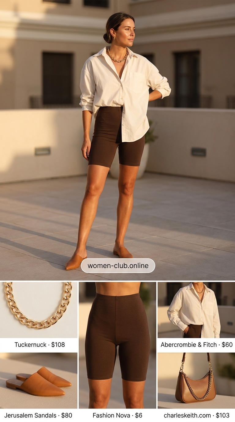 Casual biker shorts outfits summer for women 2026: Dark brown biker shorts, oversized white shirt, pointed mules, and gold necklace.