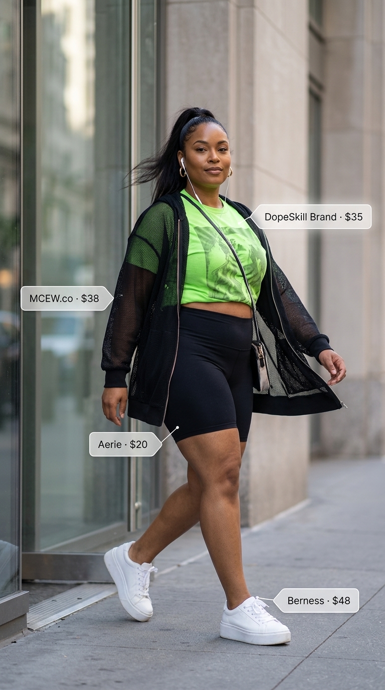 Casual biker shorts outfits summer for women 2026: Black performance biker shorts, graphic tee, mesh hoodie, and chunky sneakers.