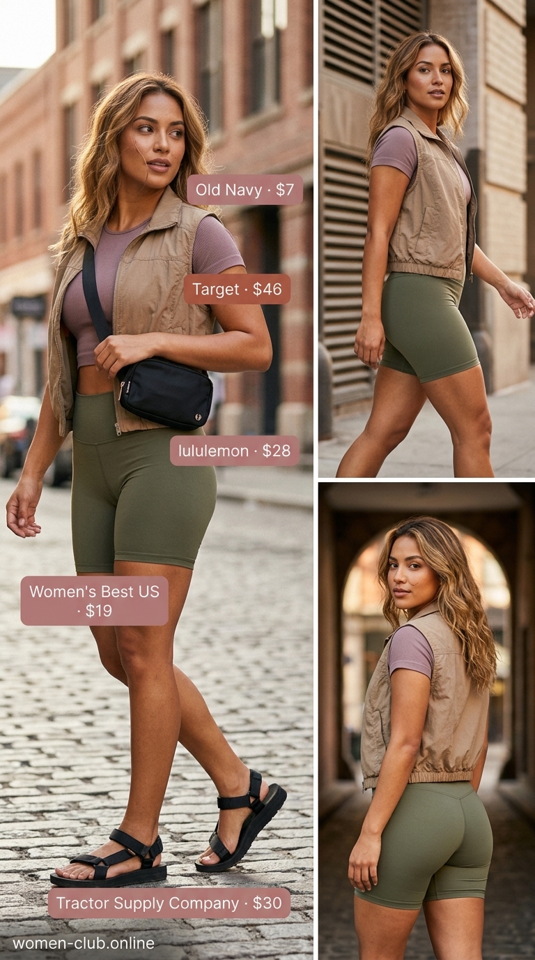 Casual biker shorts outfits summer for women 2026: Olive green utility vest, black crop top, high-waisted biker shorts, and trail sandals.