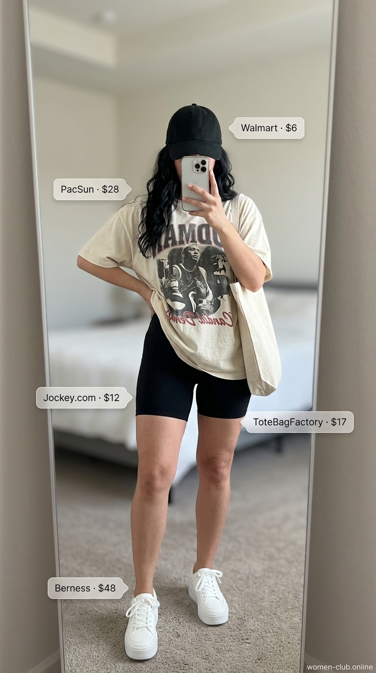 Casual biker shorts outfits summer for women 2026: Black biker shorts with graphic tee, cap & chunky sneakers for urban outing.