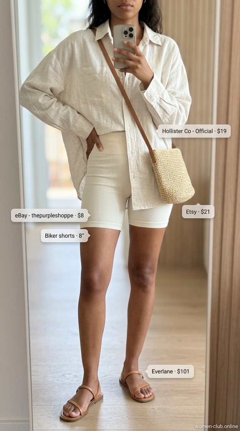 Casual biker shorts outfits summer for women 2026: Cream ribbed biker shorts with white linen shirt & straw bag for beach brunch.