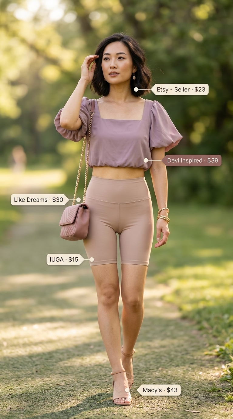 Casual biker shorts outfits summer for women 2026: Lavender modal biker shorts with white puff-sleeve top & nude sandals for picnic.