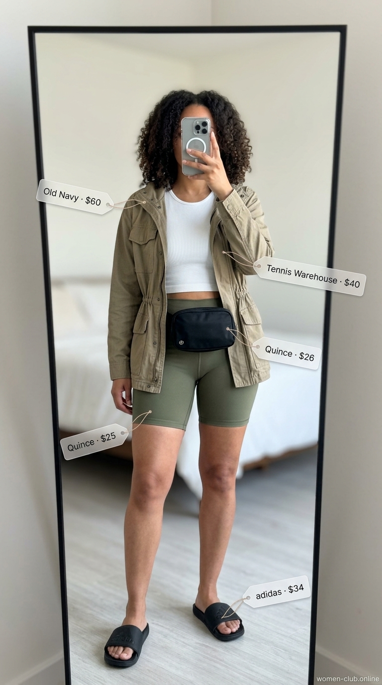 Casual biker shorts outfits summer for women 2026: Olive green biker shorts with utility jacket & athletic tank for active day.