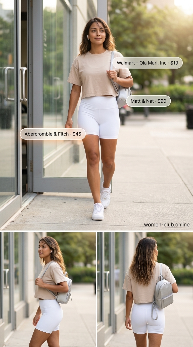 Casual biker shorts outfits summer for women 2026: White seamless biker shorts with beige boxy tee & white sneakers for brunch.