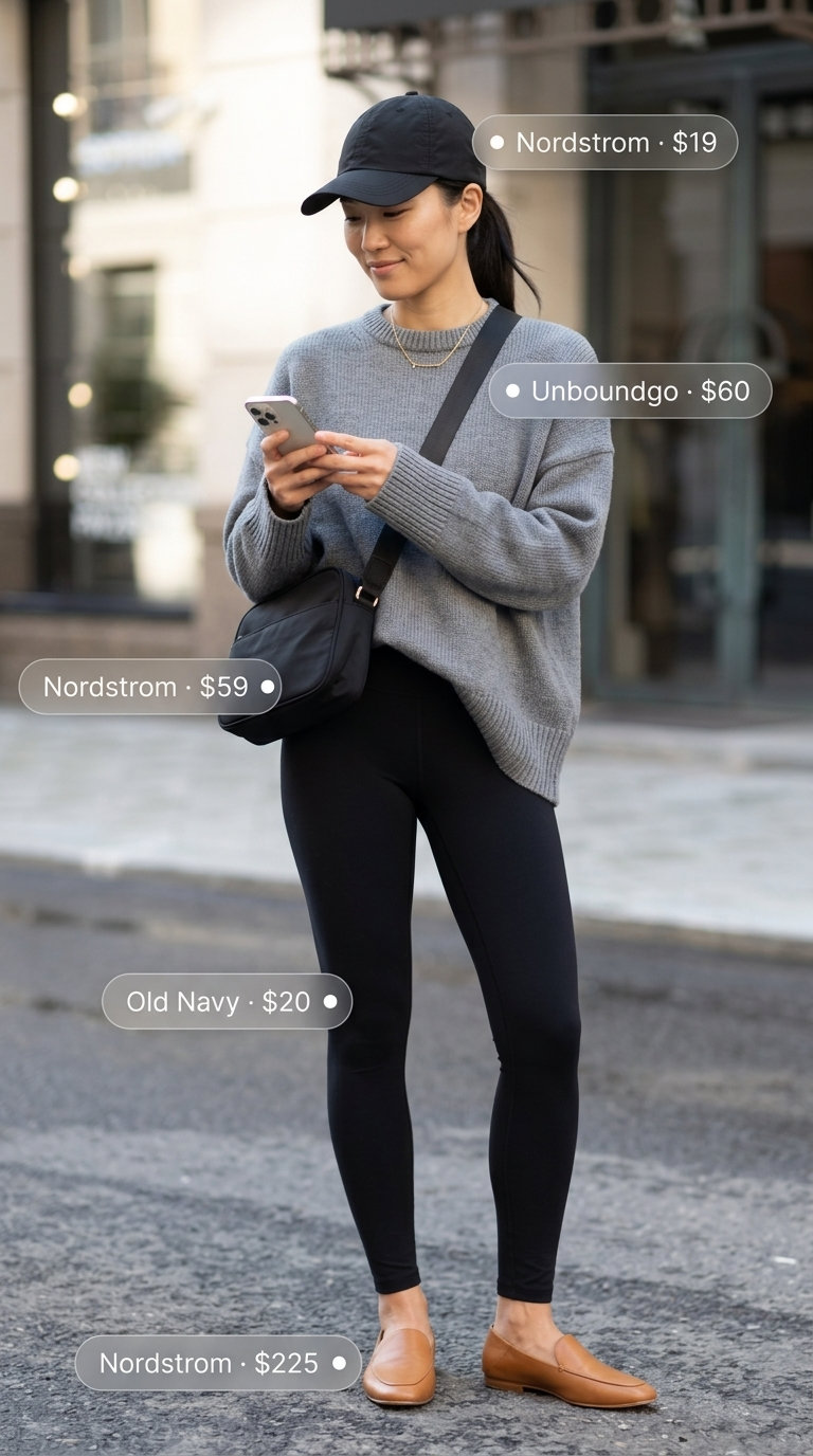 Casual Friday summer outfits with loafers 2026: Grey oversized sweater, black leggings, tan loafers for travel.