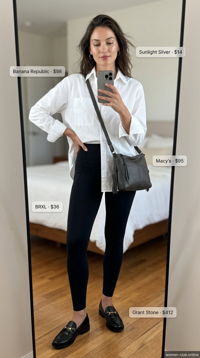 Casual Friday summer outfits with loafers 2026: Black leggings, oversized white shirt, and loafers.