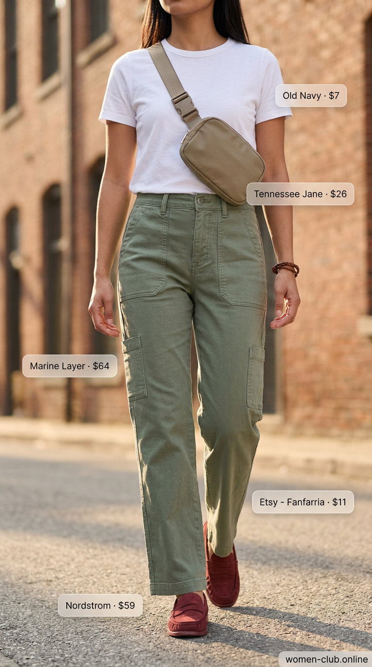 Casual Friday summer outfits with loafers 2026: Cargo pants, t-shirt, and Venetian loafers.