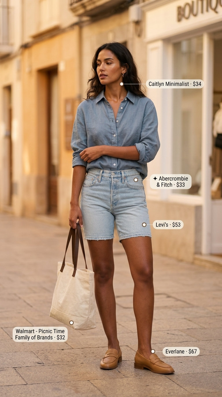 Casual Friday summer outfits with loafers 2026: Light blue linen shirt, denim shorts, tan loafers, and canvas tote.