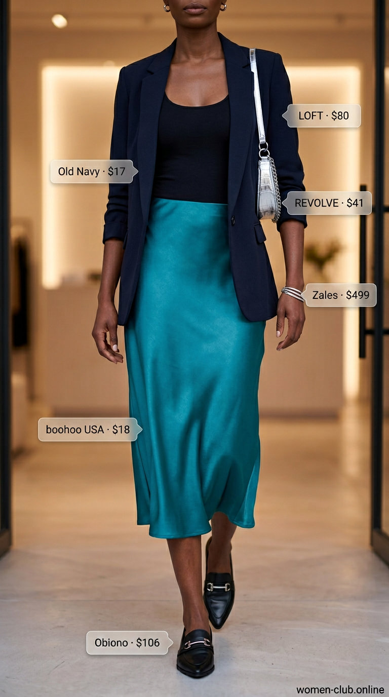 Casual Friday summer outfits with loafers 2026: Satin midi skirt, black blazer, and black loafers for date night.