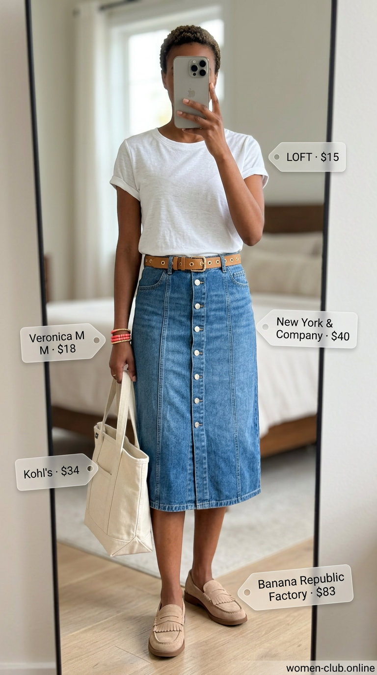Casual Friday summer outfits with loafers 2026: Denim midi skirt, white tee, coral beads, and tan loafers.
