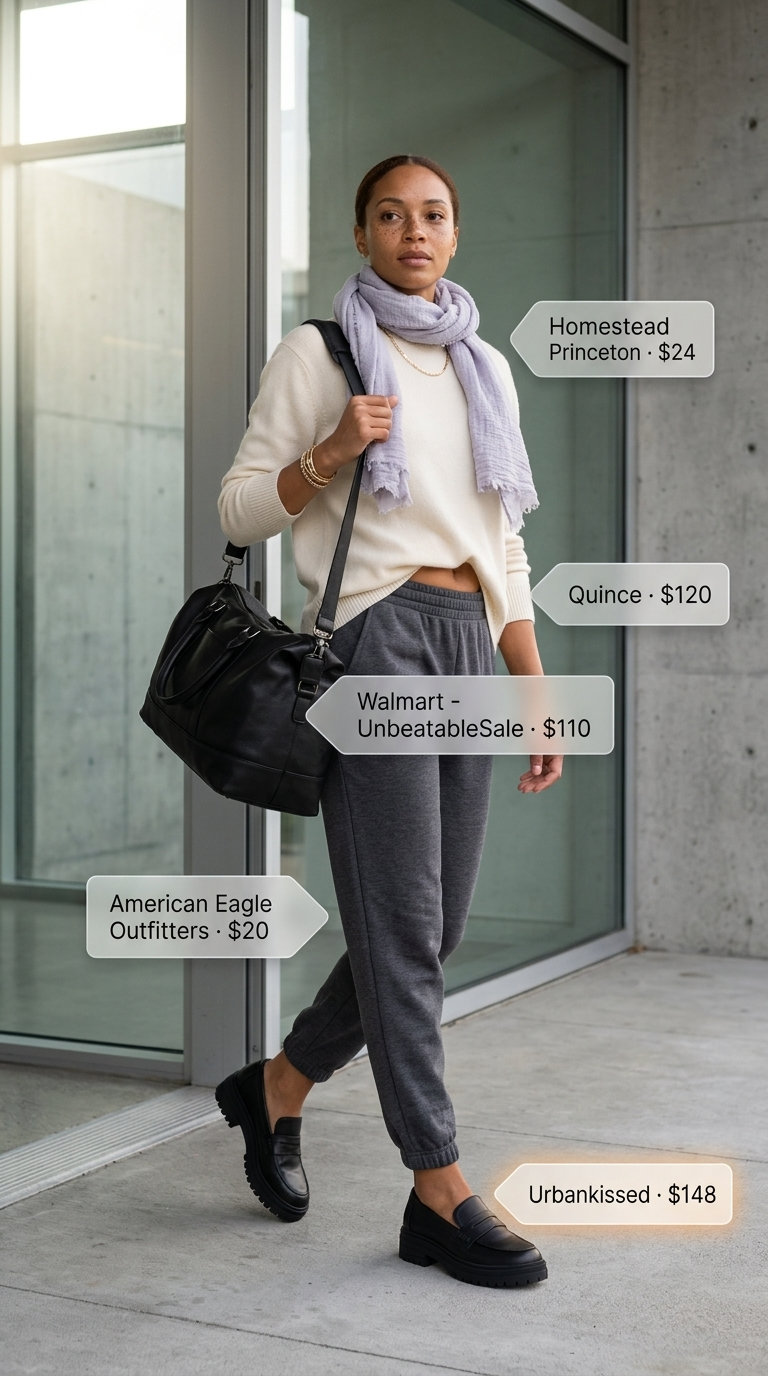 Casual Friday summer outfits with loafers 2026: Charcoal joggers, cream sweater, black loafers, and large duffel.