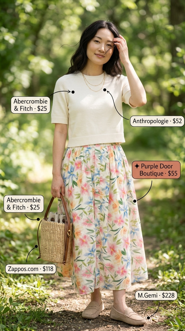 Casual Friday summer outfits with loafers 2026: Floral midi skirt, cream sweater, beige loafers, and straw crossbody.