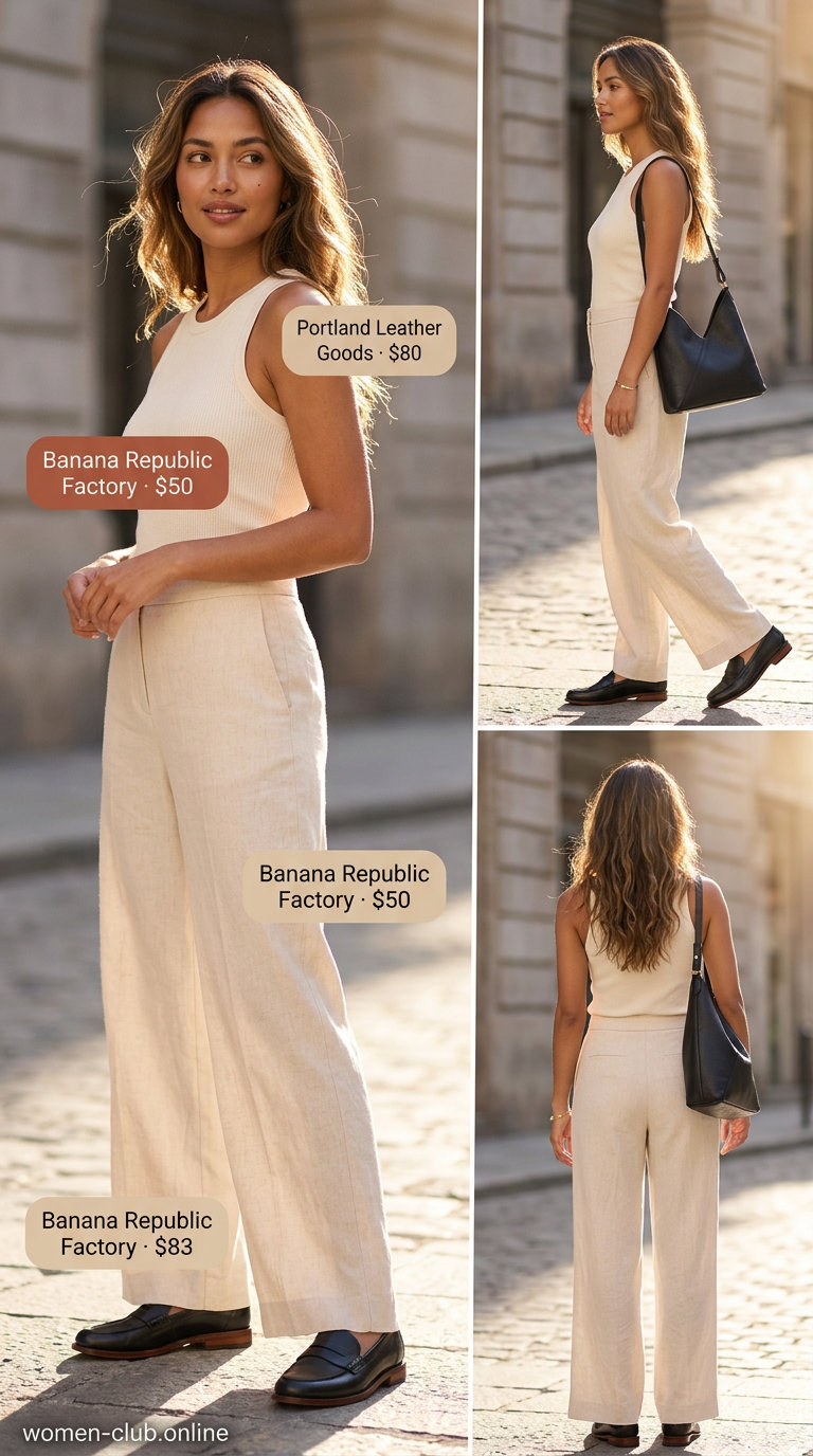 Casual Friday summer outfits with loafers 2026: Cream linen set, black trousers, black loafers, and gold bracelet.