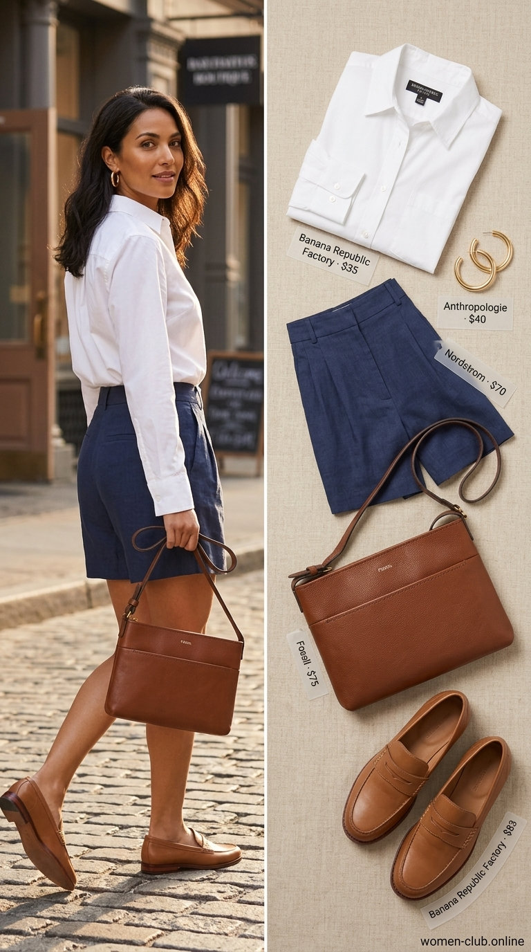 Casual Friday summer outfits with loafers 2026: Linen shorts, white shirt, and penny loafers.