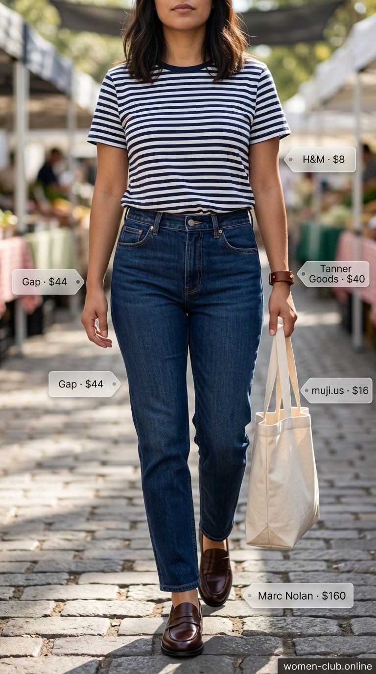 Casual Friday summer outfits with loafers 2026: Denim jeans, striped tee, and brown loafers for a weekend market look.