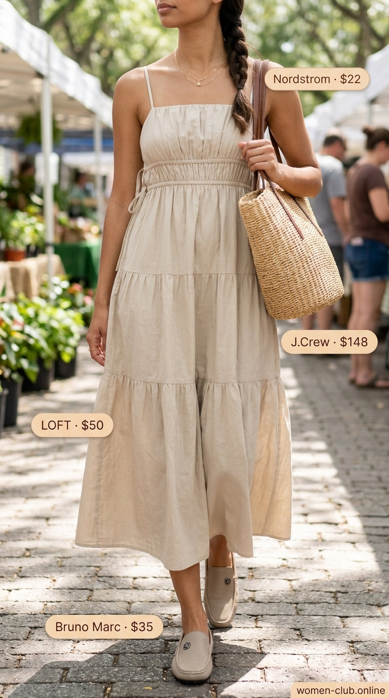 Casual Friday summer outfit with loafers 2026: Soft beige linen midi dress, straw tote, and loafers.